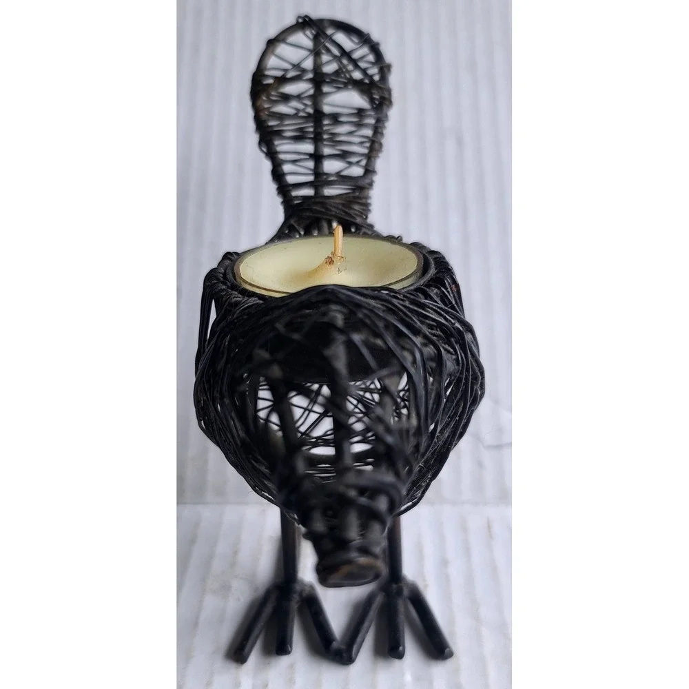 Artisanal Rustic Wire Wrapped Bird Tea Light Candle‎ Holder Dark Metal Figurine